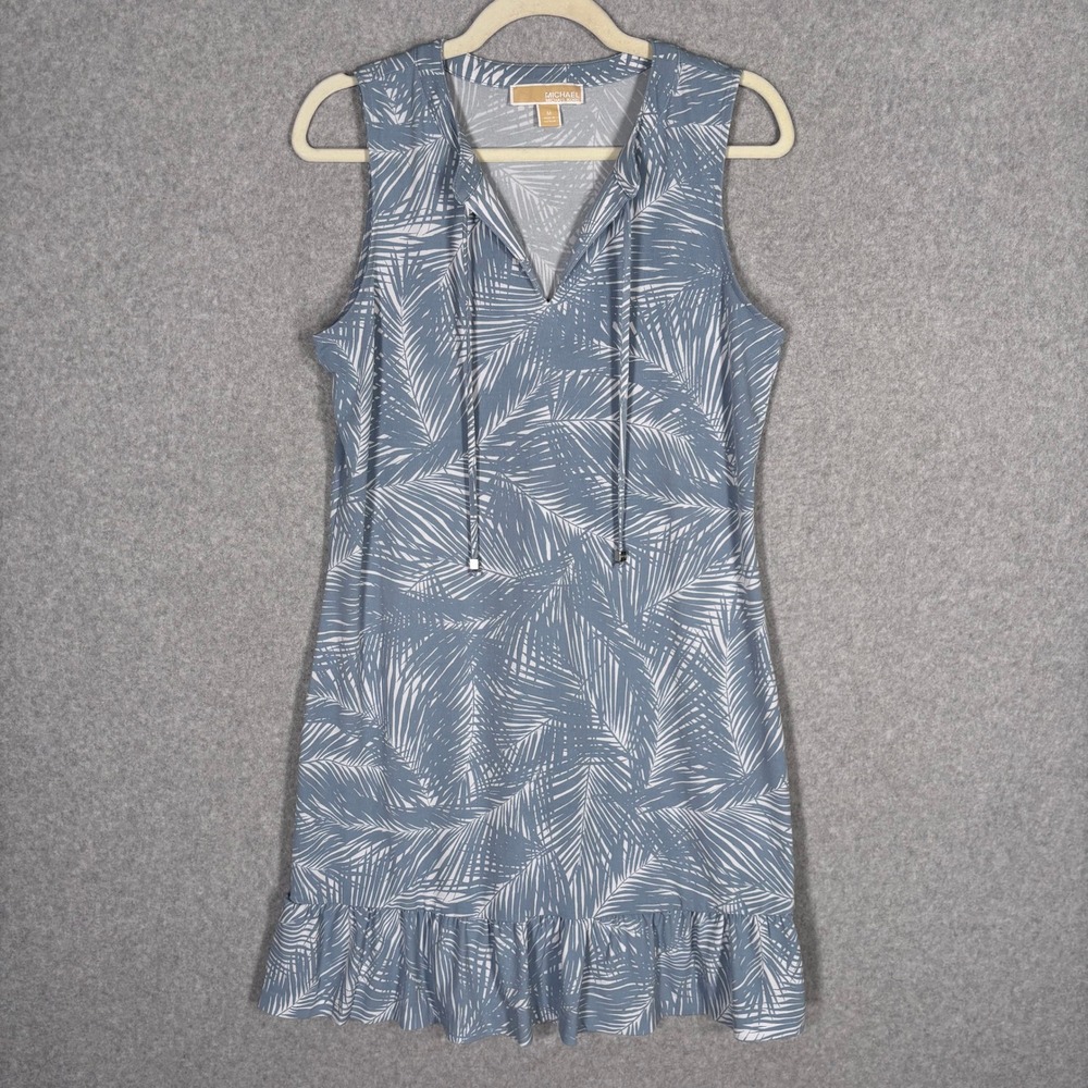 Michael Kors Dress Medium Blue Palm Leaf Tropical Ruffle Cover Up Resort Cruise